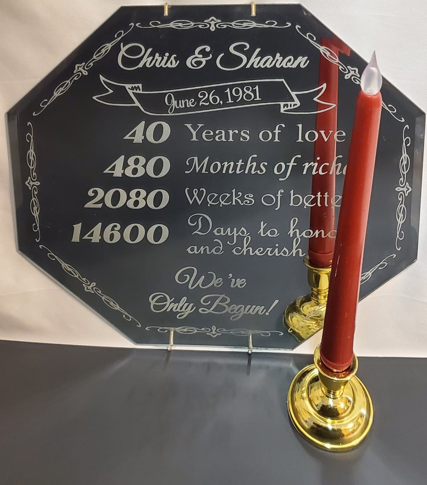 octagonal mirror engraved to commemorate a special anniversary multiplied out in years, months, weeks and days,