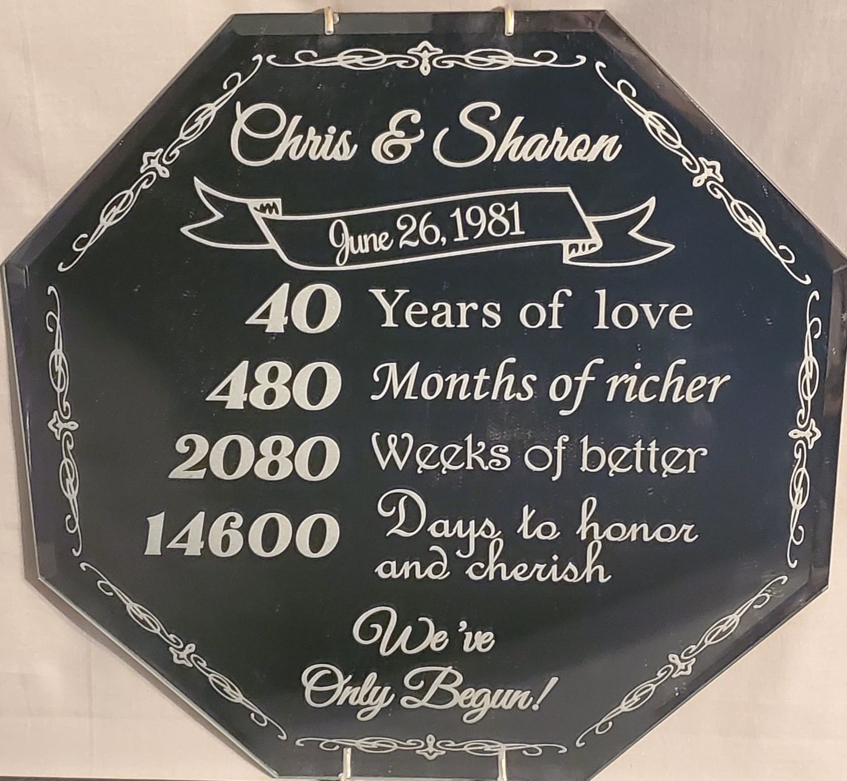 octagonal mirror engraved to commemorate a special anniversary multiplied out in years, months, weeks and days,