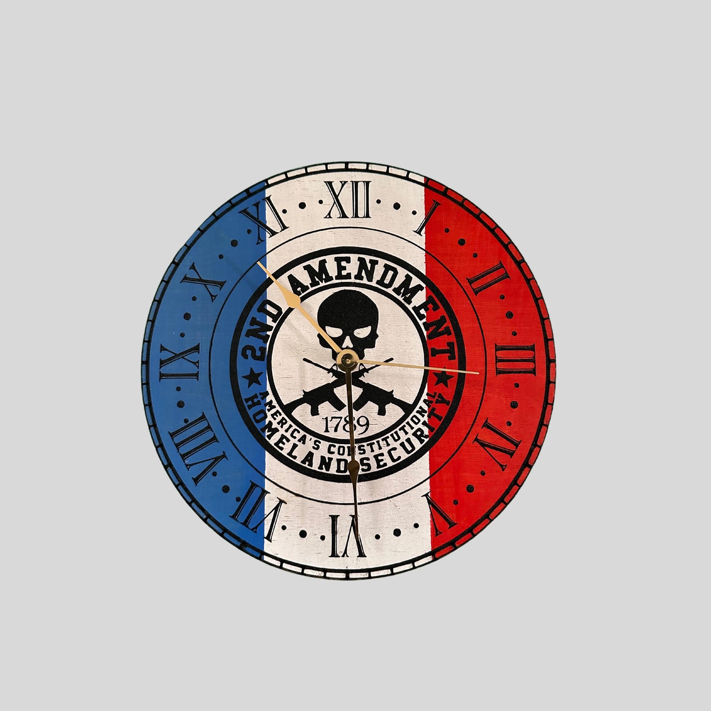 Wall Clock Red White and Blue with 2nd Amendment Emblem, great for patriots and enthusiasts