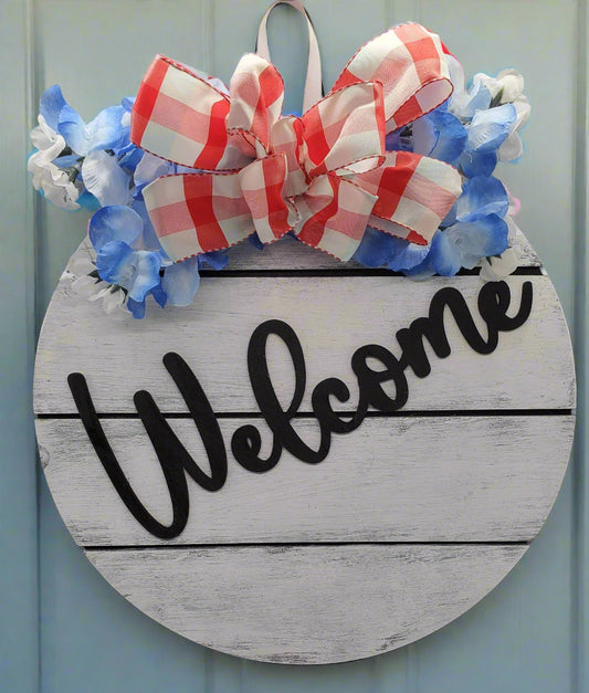 Front Door welcome sign in ship lap style, bow of color choice included. 